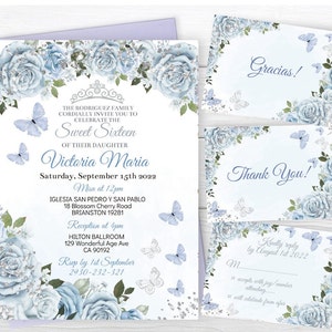 Set Sweet Sixteen or Quinceañera Invitation Editable Template, Baby Blue Silver Floral, Butterfly Digital Invite Mis Quince Años Download