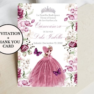 Editable Burgundy Floral Quinceañera Invitation, Princess Crown Digital Template Butterfly Mis XV Quince Sweet 16 Printable Instant Download