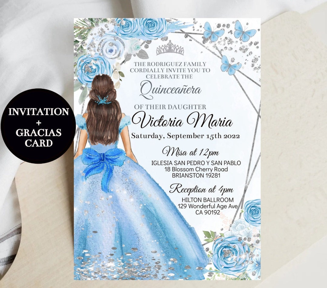 Quinceañera Invitation Editable Light Baby Blue Silver, Floral  and Butterfly, XV Mis Quince Años Digital Sweet Sixteen, Download