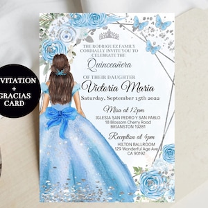 Plantilla editable de invitación de quinceañera. Azul Bebé Claro Plata, Floral y Mariposa, XV Mis Quince Años Digital Sweet Sixteen, Descargar