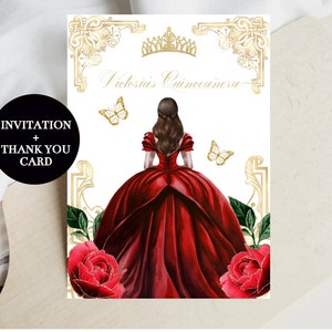 Exquisite Quinceañera Invitation, DIY Editable Template Red Roses Gold Mis XV Quince Princess, Butterfly, Printable Items Instant Download