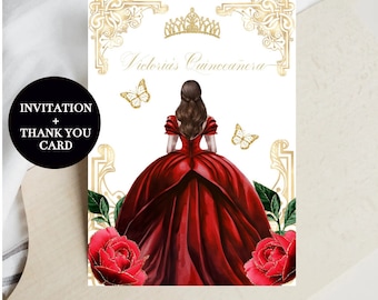 Convite requintado para Quinceañera, modelo editável DIY Red Roses Gold Mis XV Quince Princess, Butterfly, Itens para impressão Download instantâneo