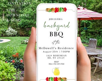 Modern BBQ Electronic Invitation, Digital Backyard Evite, Summer Grill and Chill,  Editable Template, Mobile Text Message, Download Invite