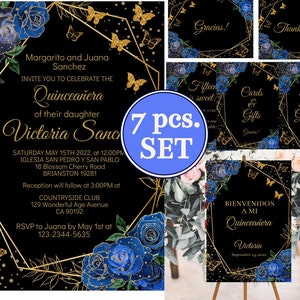 Set di inviti per la Quinceañera, blu reale oro, blu floreale, modello modificabile, invito a farfalla, Mis Quince XV, cartello di benvenuto, download digitale