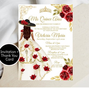 Invitación Charro Quinceañera, Rosas Rojas Blancas Negras, Plantilla Editable Mis XV Quince Años, Dulces Dieciséis 16, 15a Invitación Digital, Descargar
