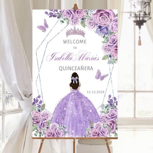 Letrero de bienvenida para quinceañera, Tiara princesa, Rosa plateada morada, Mariposa Mis Quince XV, Plantilla digital editable, Póster imprimible, Descarga