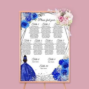DIY BEWERKBARE Zitkaart Quinceañera, Tafelplan Sweet Sixteen, Royal Blue Silver Floral, Vind uw stoel bord, Printable, Instant Download