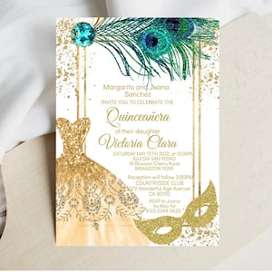 Quinceanera Masquerade Ball Party Invitation, Gold DIY Editable Template, Peacock, Digital Invite Mis XV Quince Birthday,15th Card, Download
