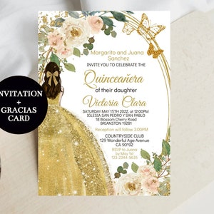 Quinceañera Invitation Gold Blush Floral, Birthday Digital Invite, Princess Butterfly, Mis Quince Anos, Sweet 16, Editable Template Download