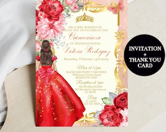 Red Rose Gold Quinceañera Invitation Editable Template, Tiara, Butterfly Mis XV Quince Años Birthday,  Sweet Sixteen 16, 15th Party Download