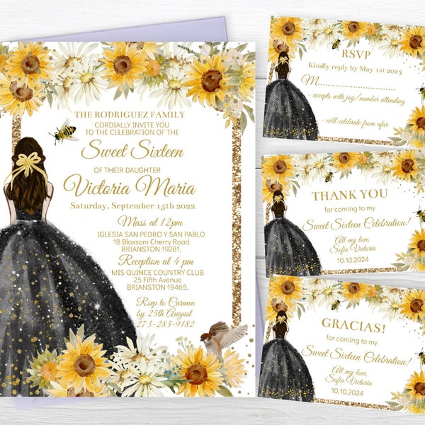 Set Quinceañora Sonnenblume Biene, DIY bearbeitbare Einladung Mis Quitte, Sweet Sixteen 16 Digital druckbare einladen Gelb Gold, Instant Download