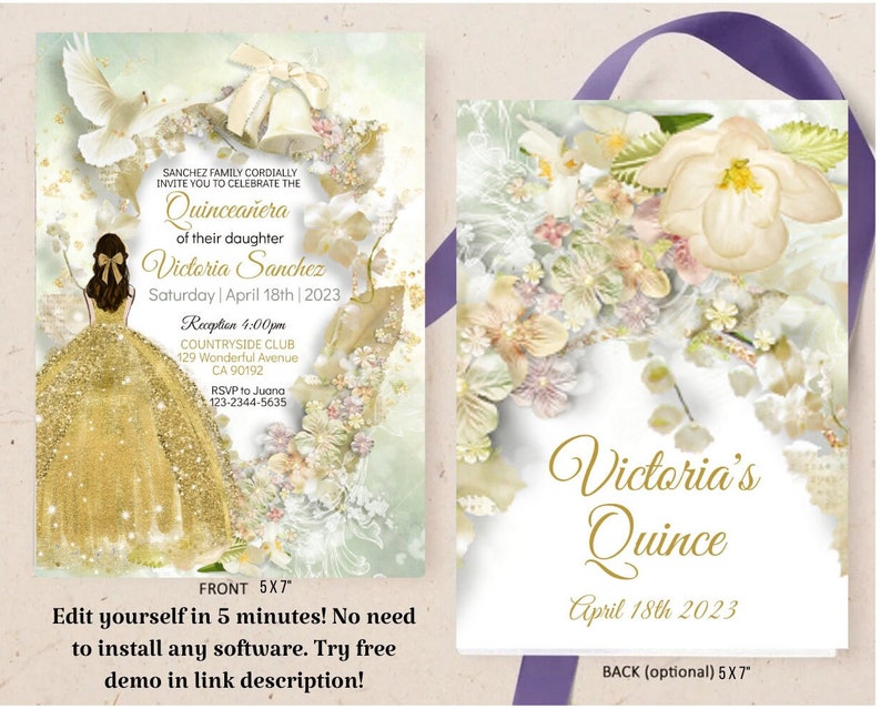 Editable Quinceanera Invitation Digital Template Gold Greenery Etsy