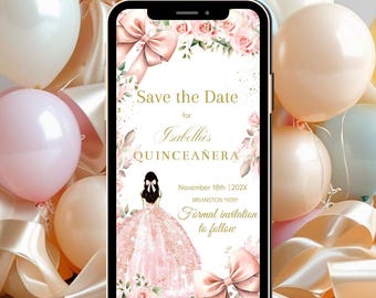 Modern Quinceañera Save the Date, Chic Pink Bow Floral, Editable Evite Digital Template, Mis XV Coquette Invite Mobile Phone Text Message 15