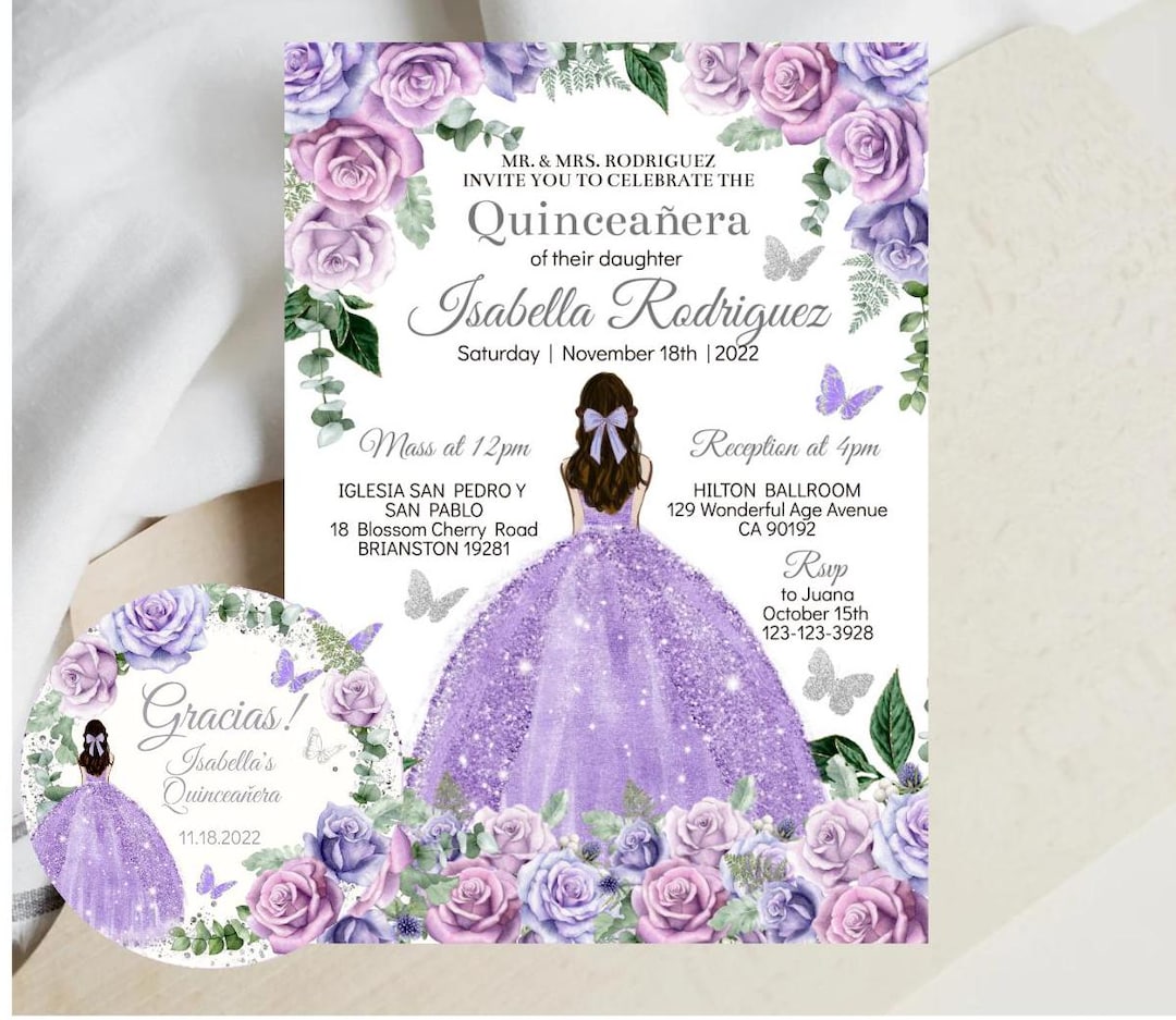 Quinceañera Invitation Editable Template, Purple Silver Rose, Princess  Tiara and Butterfly, Mis XV Quince Años, Favor Tags, Digital Download