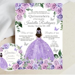 Quinceañera Invitation Editable Template, Purple Silver Rose, Princess Tiara and Butterfly, Mis XV Quince Años, Favor Tags, Digital Download