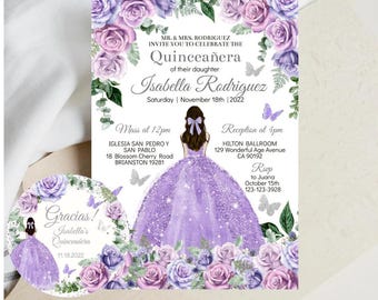 Quinceañera Invitation Editable Template, Purple Silver Rose, Princess Tiara and Butterfly, Mis XV Quince Años, Favor Tags, Digital Download