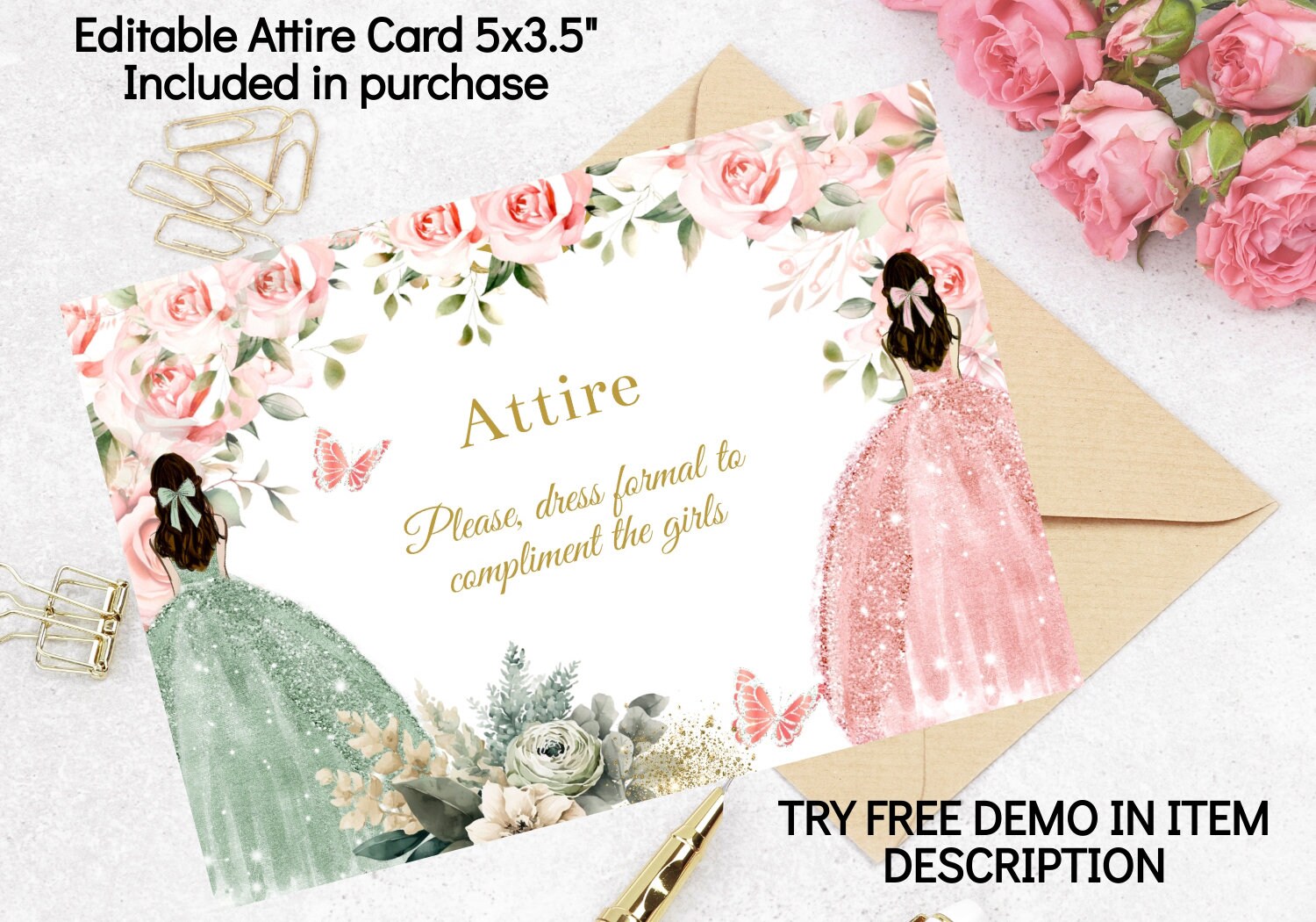 Twins Quinceañera Invitation, Sweet 16 Digital Invite, Sage Green