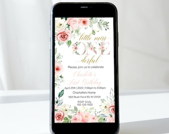 May include: A digital invitation with a floral design featuring pink and white flowers. The text reads "little miss one derful" and includes details for a first birthday party. The party is scheduled for 25th April 2023, from 1:00pm to 4:00pm at Charlotte's Home, located at 1829 Blush Floral RD, NY 29129. RSVP to Emily at 192-139-1920.