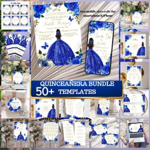 Invito modificabile per la festa di Quinceañera in oro blu reale, invito per la principessa Mis XV, collezione di modelli digitali, confezione XV, set di decorazioni per feste