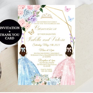 Twins Quinceañera Invitation, Pink Light Blue Floral 16th Birthday, 15 Crown, Princess DIY Editable Template Digital Mis XV Quince, Download