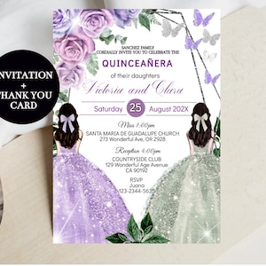 Invitation de quinceañera de jumeaux, 16e anniversaire floral violet vert sauge, 15e princesse, modèle modifiable bricolage numérique, coings Mis XV, téléchargement