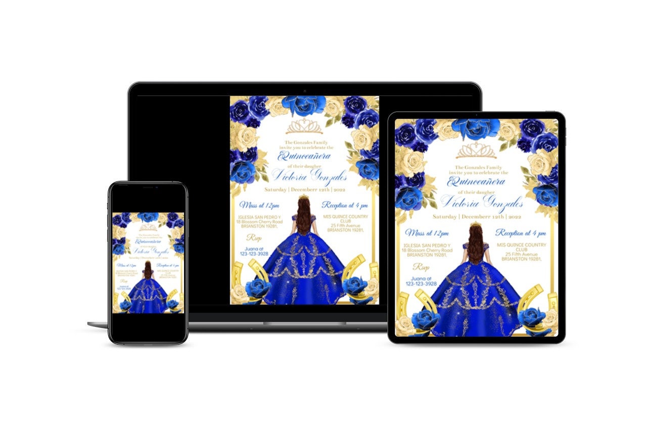 Editable Invitation Quinceañera Royal Blue Gold Charro, Mis XV