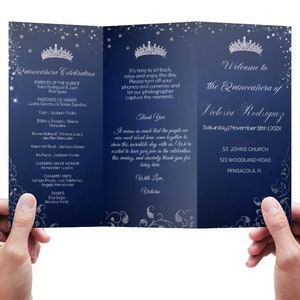 Plantilla de programa de evento de quinceañera, azul marino plateado, orden de eventos digital editable, menú de bar para quinceañeras, corona de XV años, descarga
