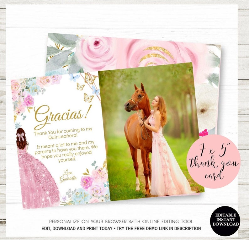 Quinceañera DIY Thank You Card Photo Blush Pink Roses Floral Etsy