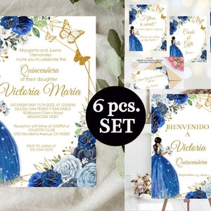Set invito Quinceañera Royal Blue Rose Gold Princess 15th Girl Party Mis Quince XV Invitaciones Modello modificabile digitale fai da te Scarica