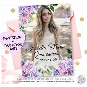 Quinceañera Invitation Purple Gold Rose, Photo Editable Template Mis Quince Años    Invitaciones Digital Invite Birthday Lilac Butterfly