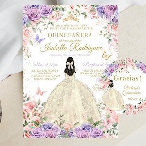 Quinceañera Invitation Editable Template, Pink Purple Floral, Champagne, Butterfly, Mis XV Quince, Sweet 16, Favor Tags, RSVP Digital Cards