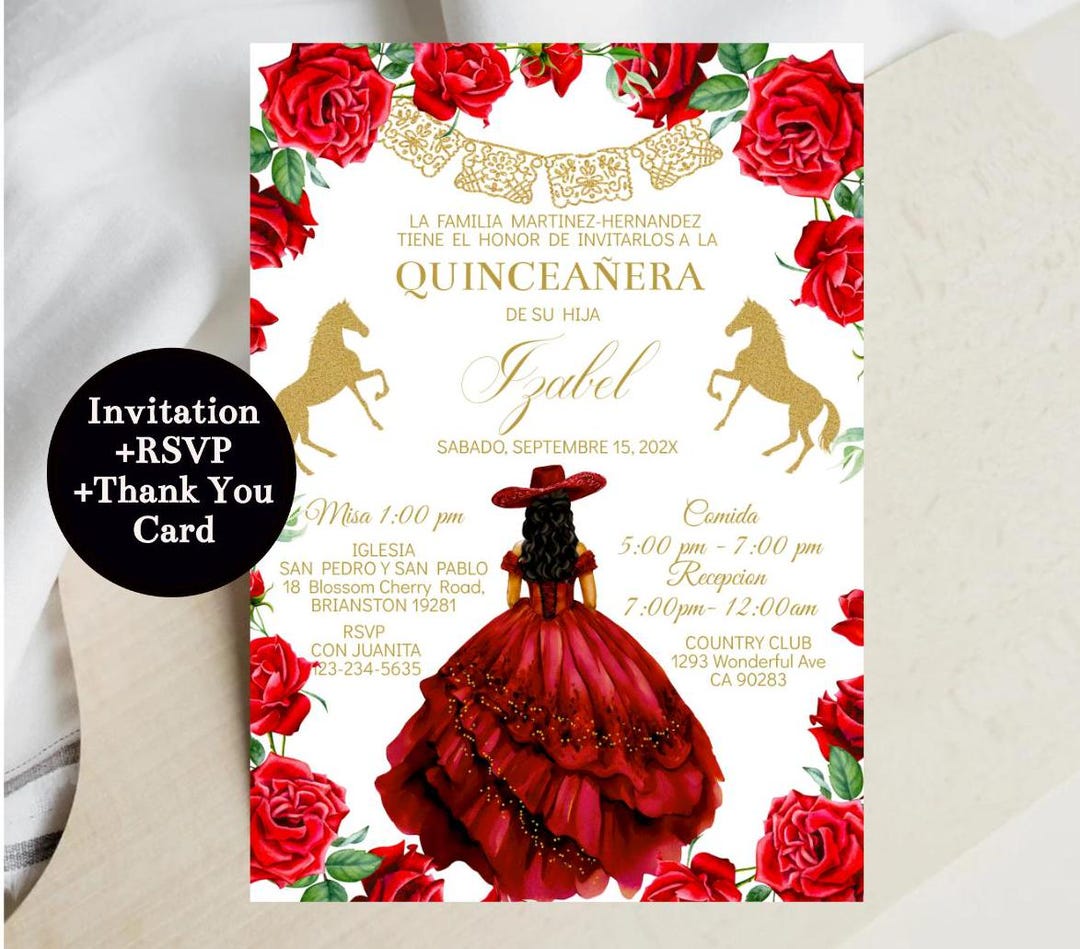 Invitación de quinceañera charra de oro rojo, plantilla editable, 15  cumpleaños rústico mexicano, 16 vaqueras Mis XV Quince, invitaciones  digitales, ..., image size:1080x949