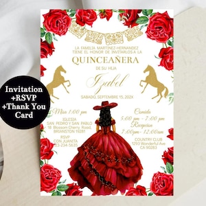 Red Gold Charro Quinceañera Invitation, Editable Template, 15th Birthday Rustic Mexican, 16 Cowgirl Mis XV Quince, Digital Invites, Download