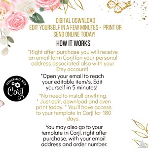 May include: Digital download graphic with floral and gold accents. Text includes "Edit Yourself in a Few Minutes" and "How It Works" instructions. The image also features a "Personalize with Corjl" logo and a call to "Try Free Demo in Item Details!"