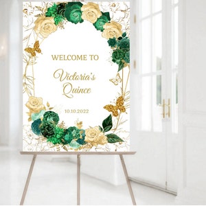 Editable Welcome Sign, Emerald Green Gold Welcome Guest Poster, Centerpiece Quinceañera Sweet 16, Digital Template, Any Age Instant Download