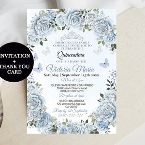 Quinceañera Invitation Editable Template, Baby Blue Floral Silver, Butterfly Digital Invite Mis Quince Anos, Sweet Sixteen 15 16, Download