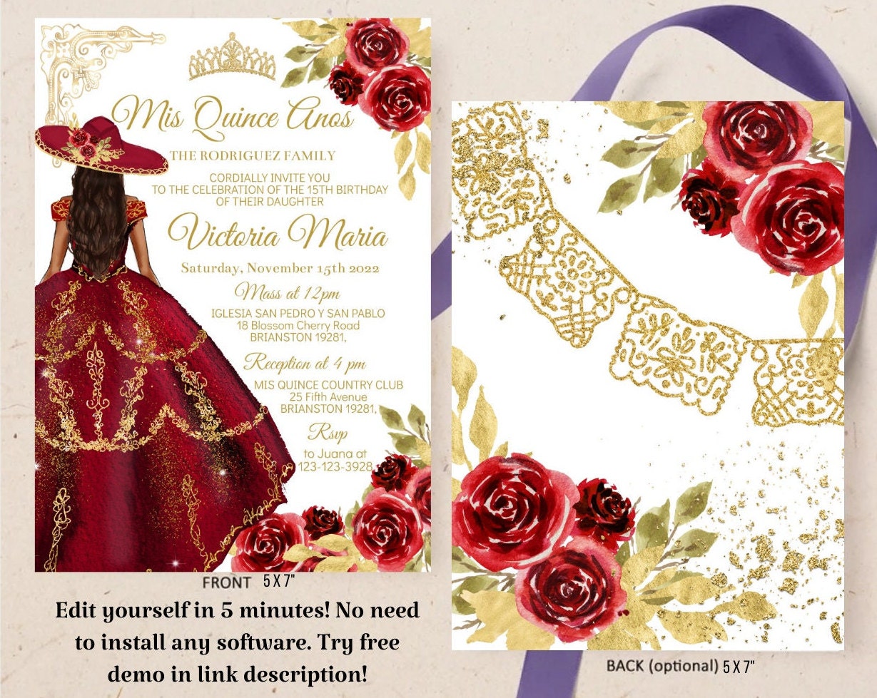 Avior Quinceanera Invitation Red Charro Dress Clear Glass Invitation, Mis Quince, Sweet 15, Sweet 16, Floral Design, Spanish Design