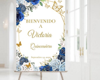 Marinblå roséguld Quinceañera-välkomstskylt, redigerbar mall (digital nedladdning)