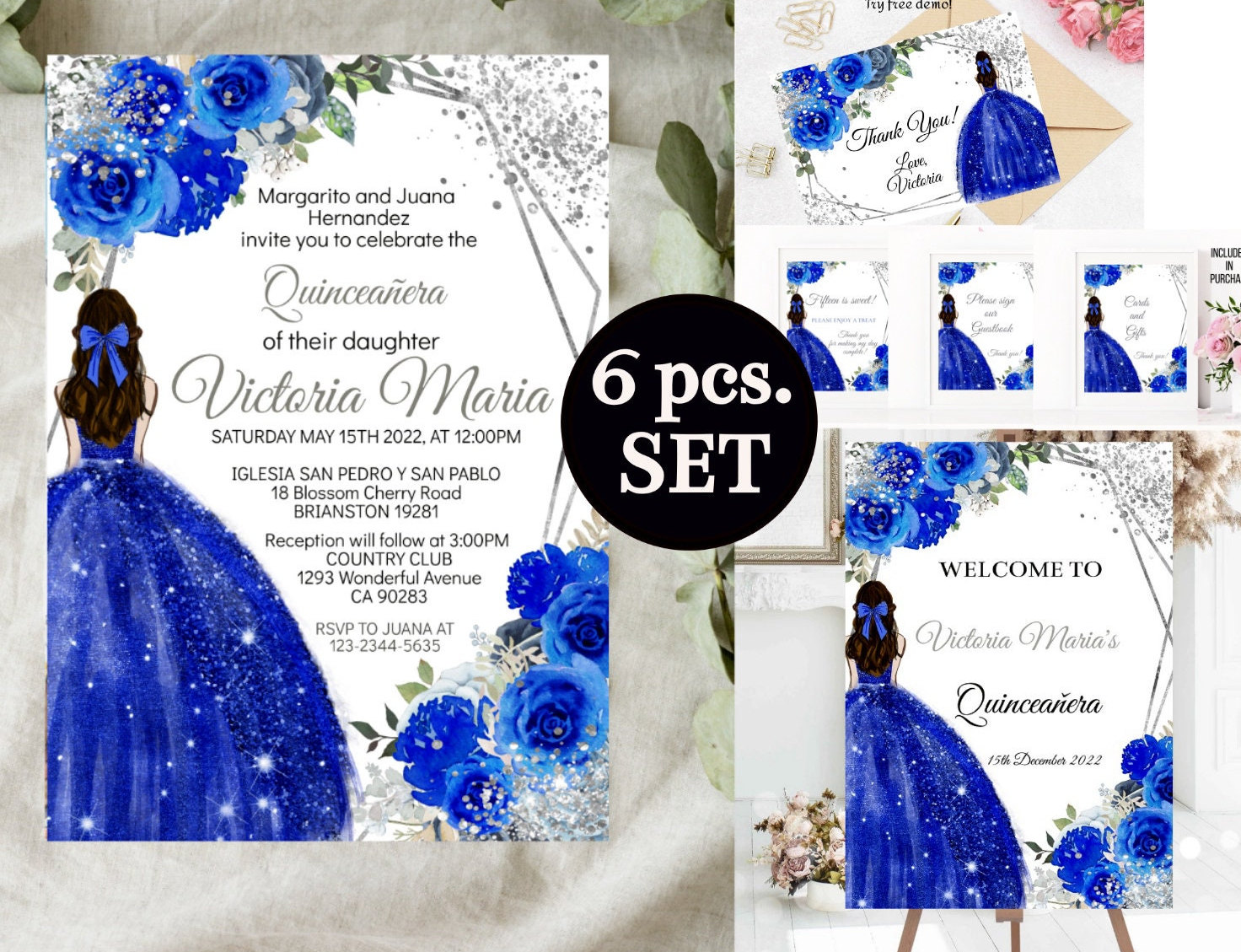 Navy Quinceanera Invitations, Gold and Blue Glitter Quinceanera Invitations,  Navy Blue Quinceanera Invitations, Printable Quince Invitations 