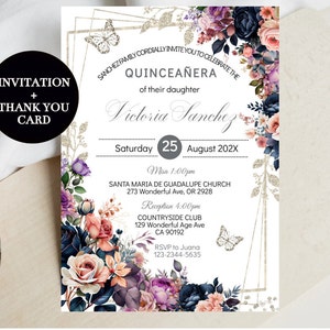 Invito Quinceañera Farfalla floreale in oro rosa blu navy, modello modificabile fai da te, mela cotogna Mis XV, dolce sedici 16, download invito digitale