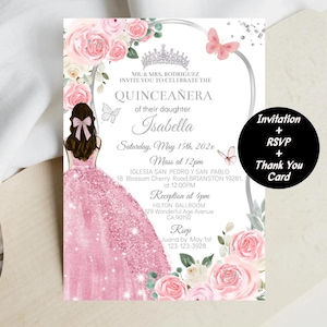 Blush Pink Floral Quinceañera Invitation, DIY Editable Template, Princess Dress Mis XV Quince Crown, Butterfly Pink Silver, Digital Download