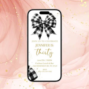 Faire-part d'anniversaire avec noeud noir pour femme, coquette noire pour l'anniversaire de naissance, invitation chic E, 30 et 40 ans, carte électronique mobile pour tous les âges, modèle modifiable