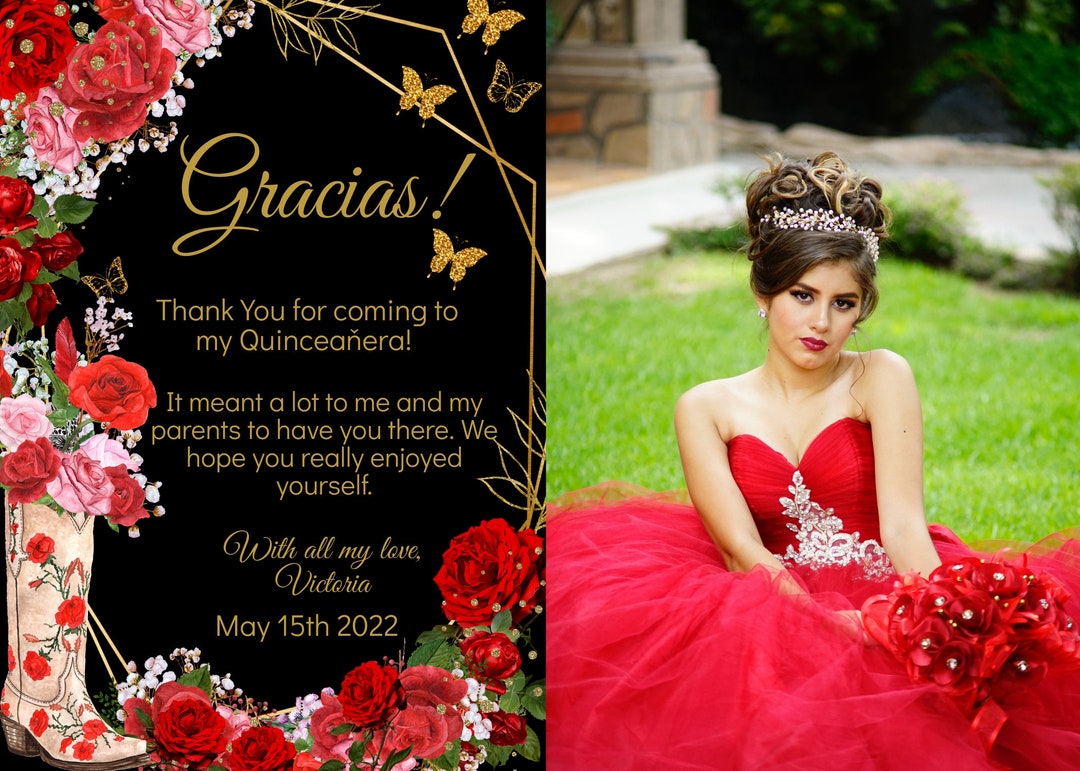 Quinceañera Thank You Card With Photo Red Charro Boots and Roses Gold