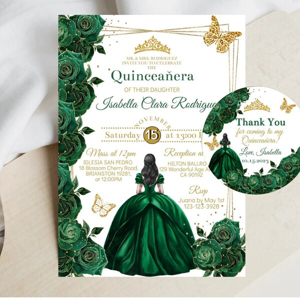 Emerald Green Quinceañera Invitation, DIY Editable Template, Mis XV Quince Años Princess, Gold Butterfly Sweet 16 Printable Instant Download