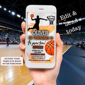 Faire-part d'anniversaire de basket-ball, invitation à une fête de garçon, thème du sport, Slam Dunk, modèle modifiable SMS numérique pour téléphone portable