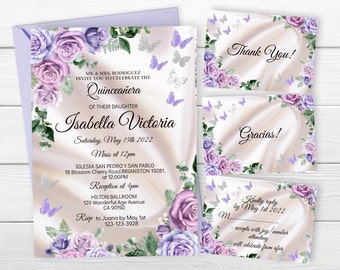 May include: A Quinceañera invitation suite featuring a lavender and cream color scheme. The invitation includes the text "Isabella Victoria" and event details. Accompanying cards say "Thank You" and "Gracias," with butterfly and floral accents.