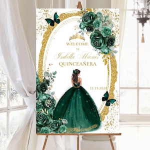 Emerald Green Gold Floral Quinceañera Welcome Sign, Entrance Guest Signage, Sweet 16 Digital Poster, Editable Template, Printable, Download