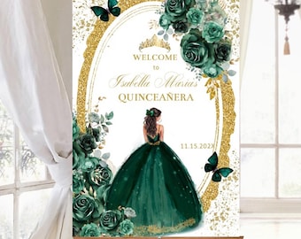 Emerald Green Gold Floral Quinceañera Welcome Sign, Entrance Guest Signage, Sweet 16 Digital Poster, Editable Template, Printable, Download