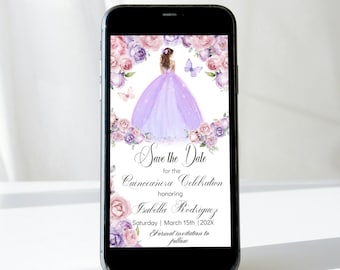 Elektronisches Save the Date Sweet 16, Quinceamaßa 15 DIY bearbeitbare Vorlage Lila Lila Blumentextnachricht Evite, Handy Mis XV Download