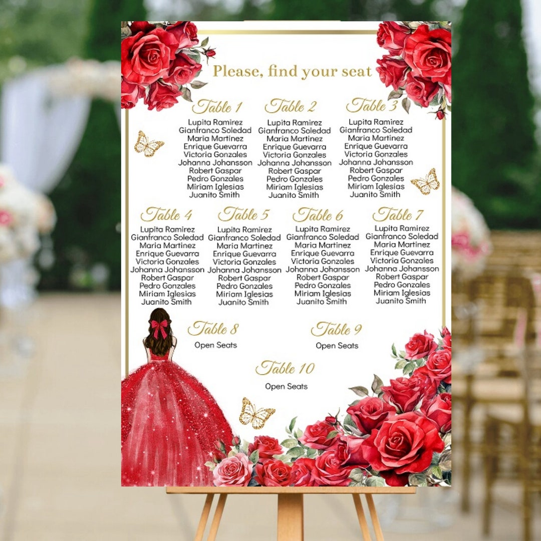 Seating Chart Quinceañera, Sweet 16, Red Rose Floral Gold, EDITABLE ...